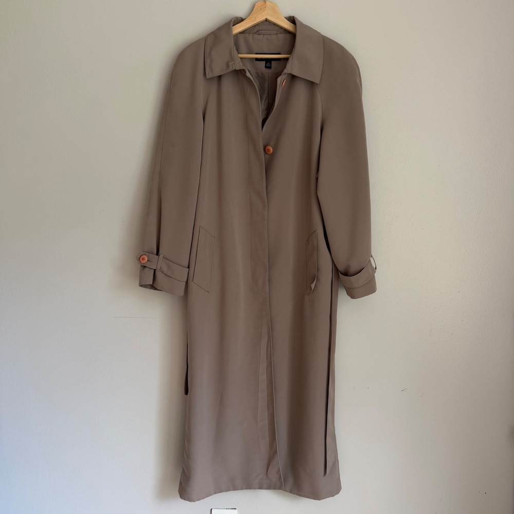 Vintage Womens Taupe Long Trench Coat Belted Button Front Size 14 Minimalist